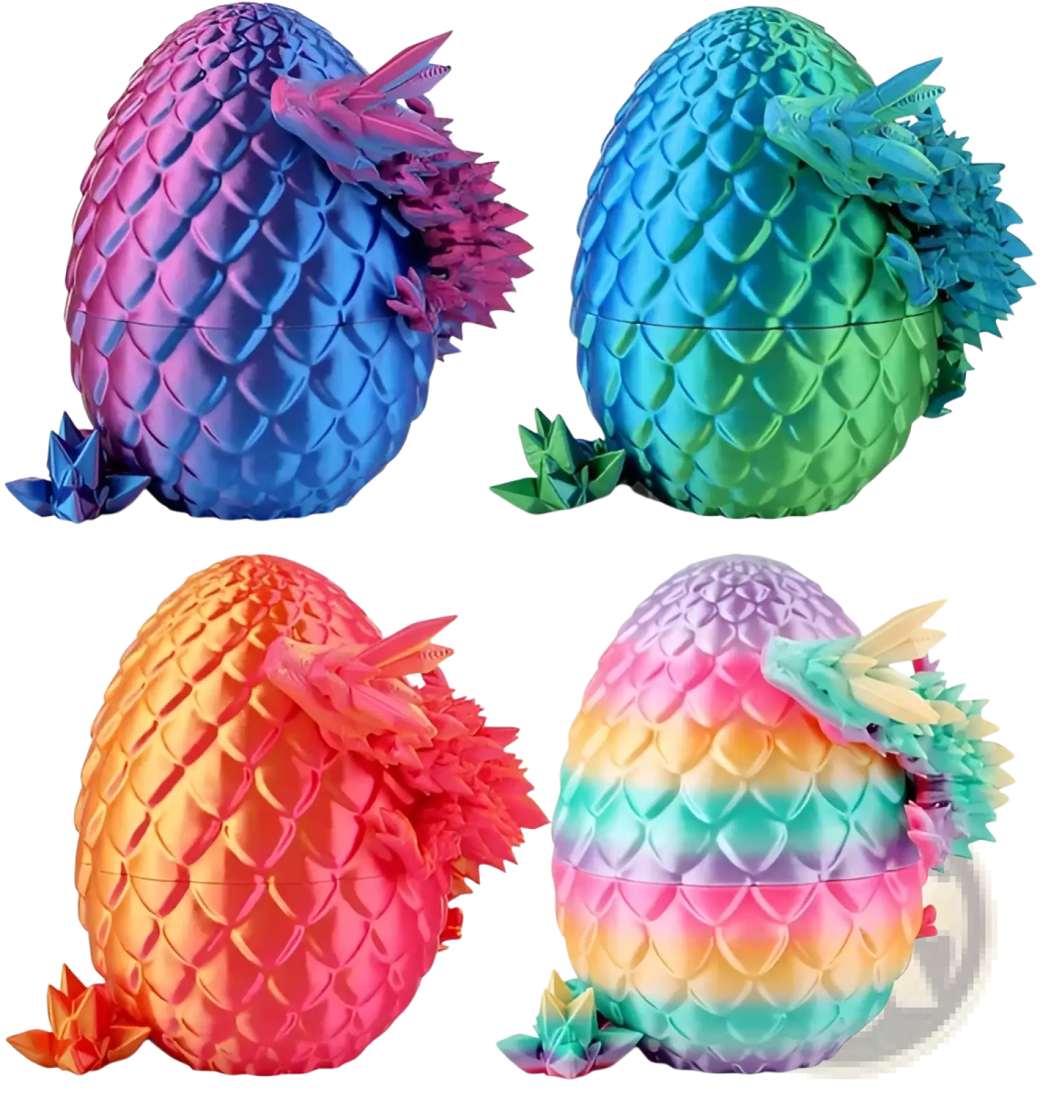 Colorful iridescent 3d printed dragon eggs 4 pack mystery crystal toys with detailed scales and sculpted dragons emerging