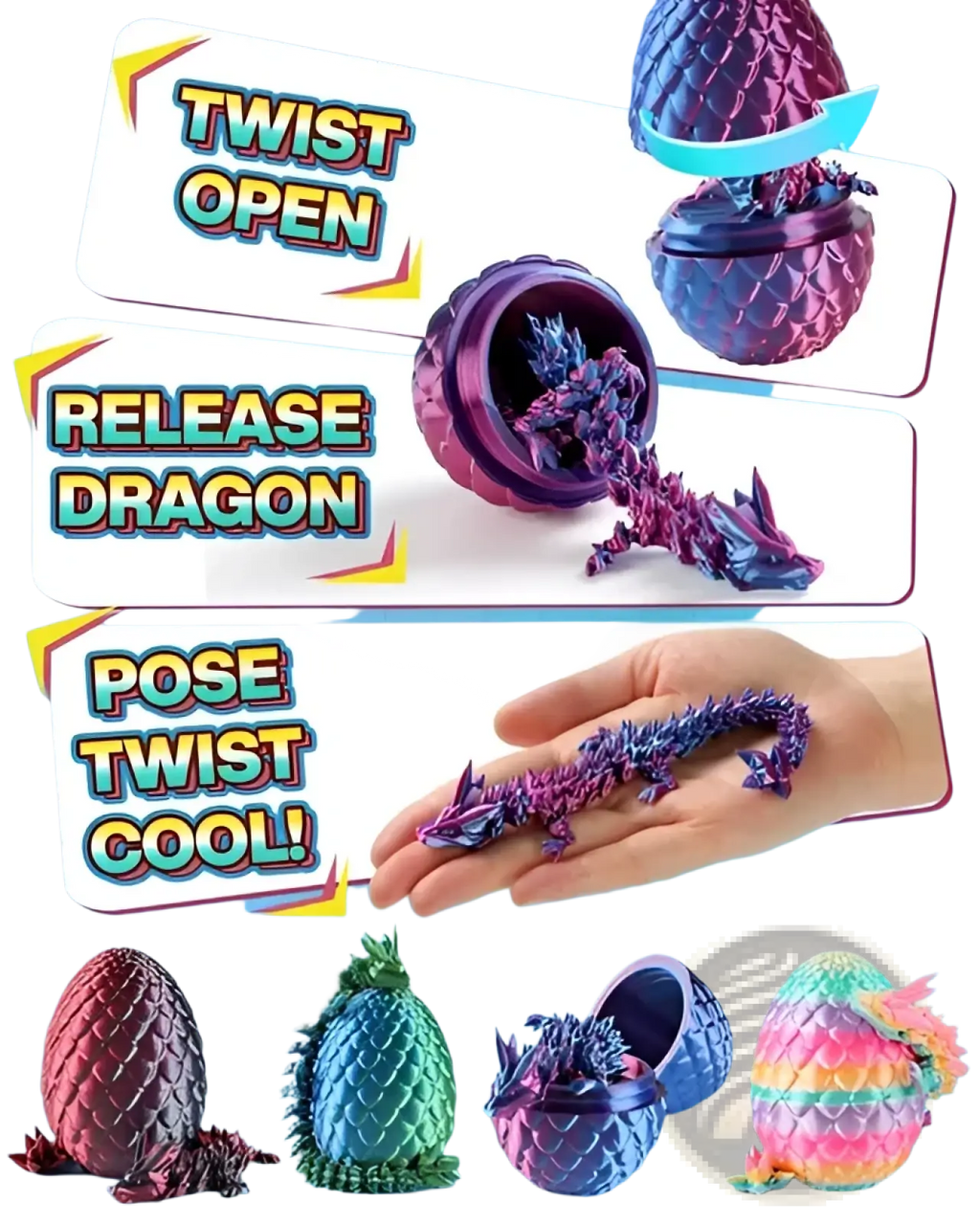 A vibrant iridescent purple 3d printed dragon emerges from a metallic textured egg toy in a dragon eggs 4 pack set