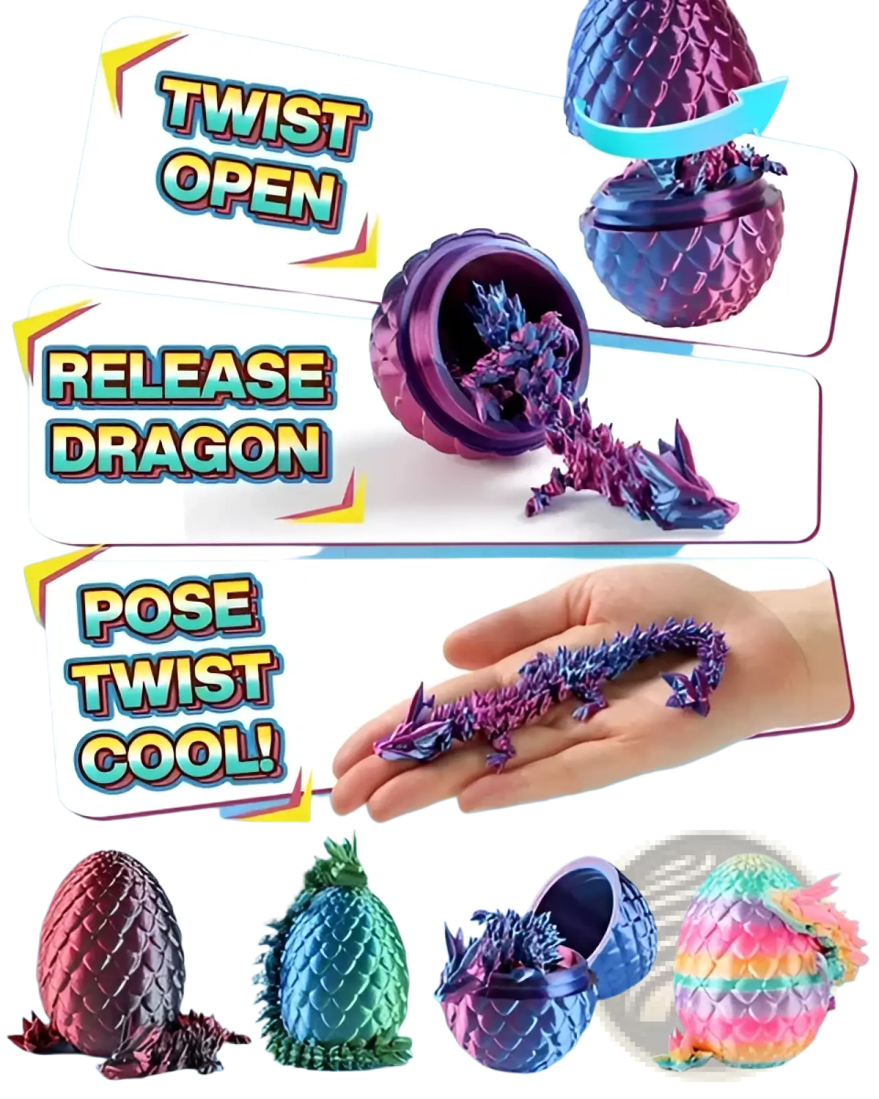 A vibrant iridescent purple 3d printed dragon emerges from a metallic textured egg toy in a dragon eggs 4 pack set