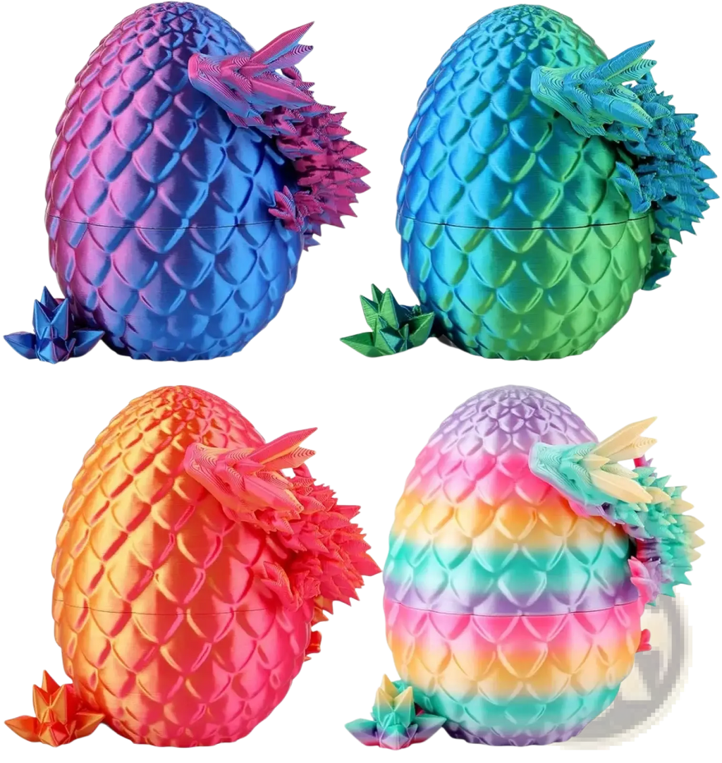 3d printed iridescent dragon egg collectibles with detailed scales and vibrant gradient crystal color schemes