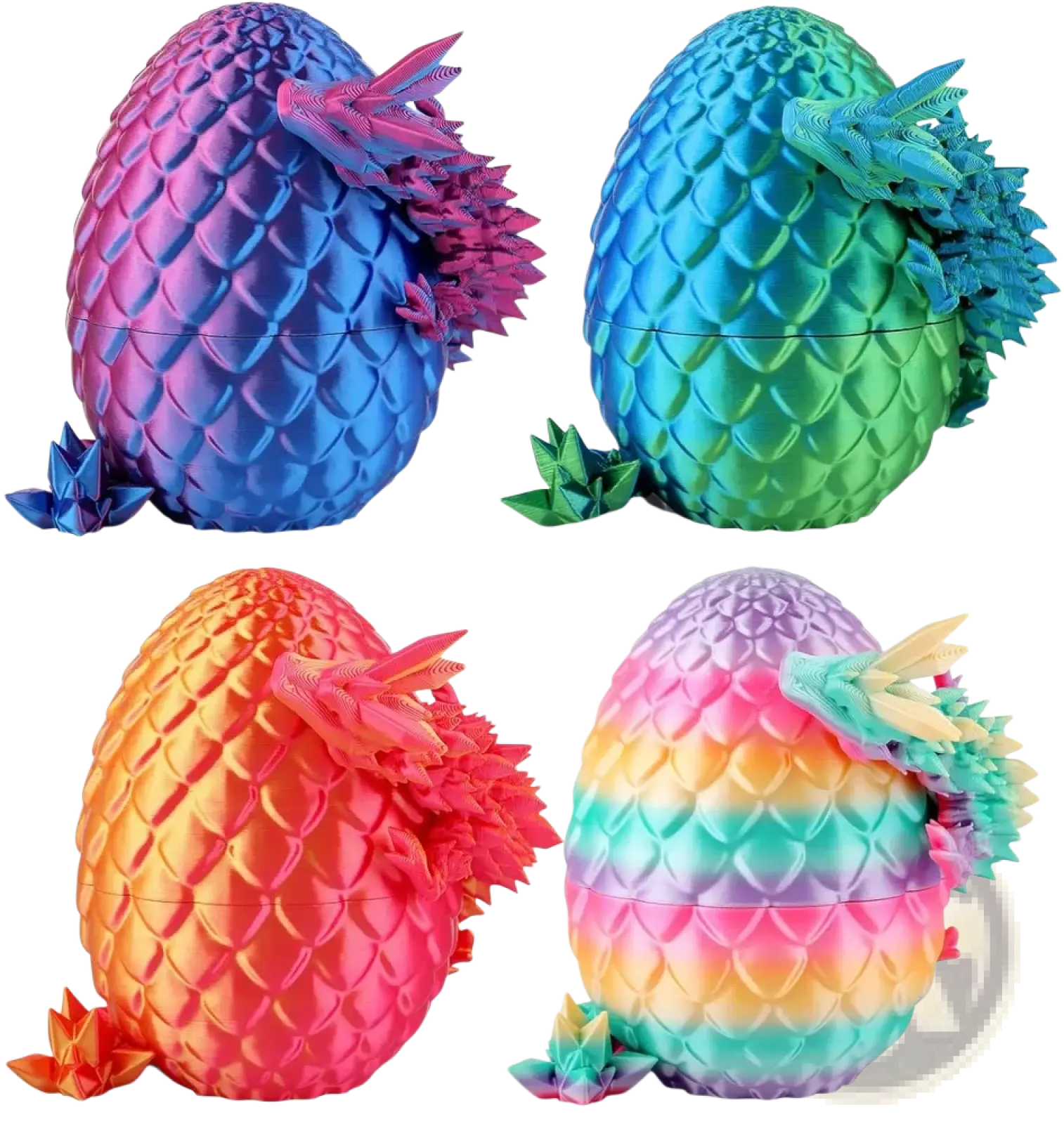 3d printed iridescent dragon egg collectibles with detailed scales and vibrant gradient crystal color schemes