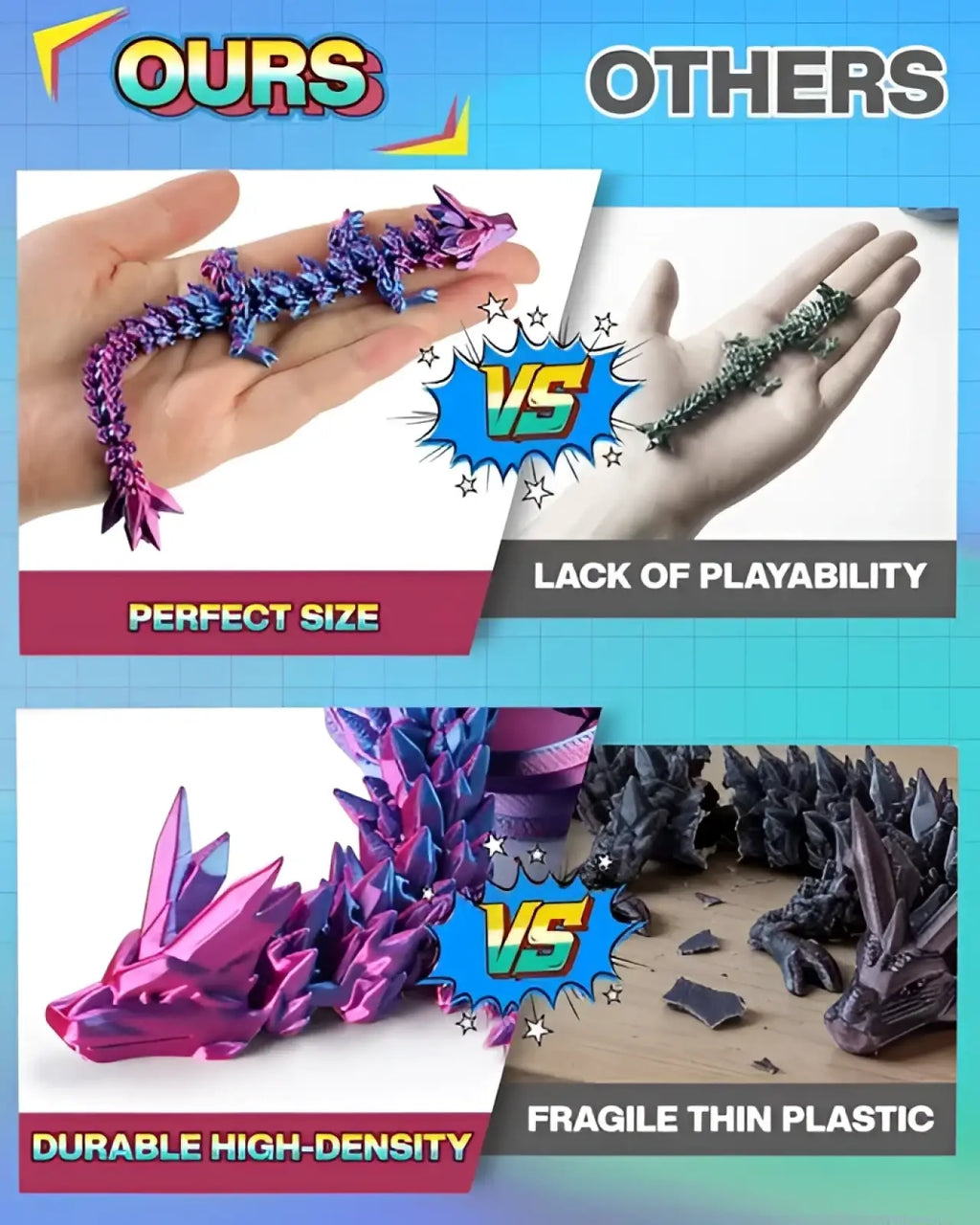 A vibrant iridescent purple and blue metallic 3d printed dragon toy with detailed spiky design from dragon eggs 4 pack