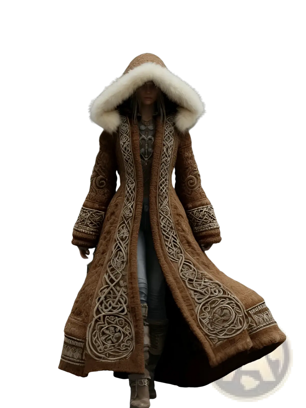 Brown long woolen 3d printed hooded coat with cream embroidery and plush white fur-lined hood for winter outerwear