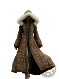Brown long woolen 3d printed hooded coat with cream embroidery and plush white fur-lined hood for winter outerwear