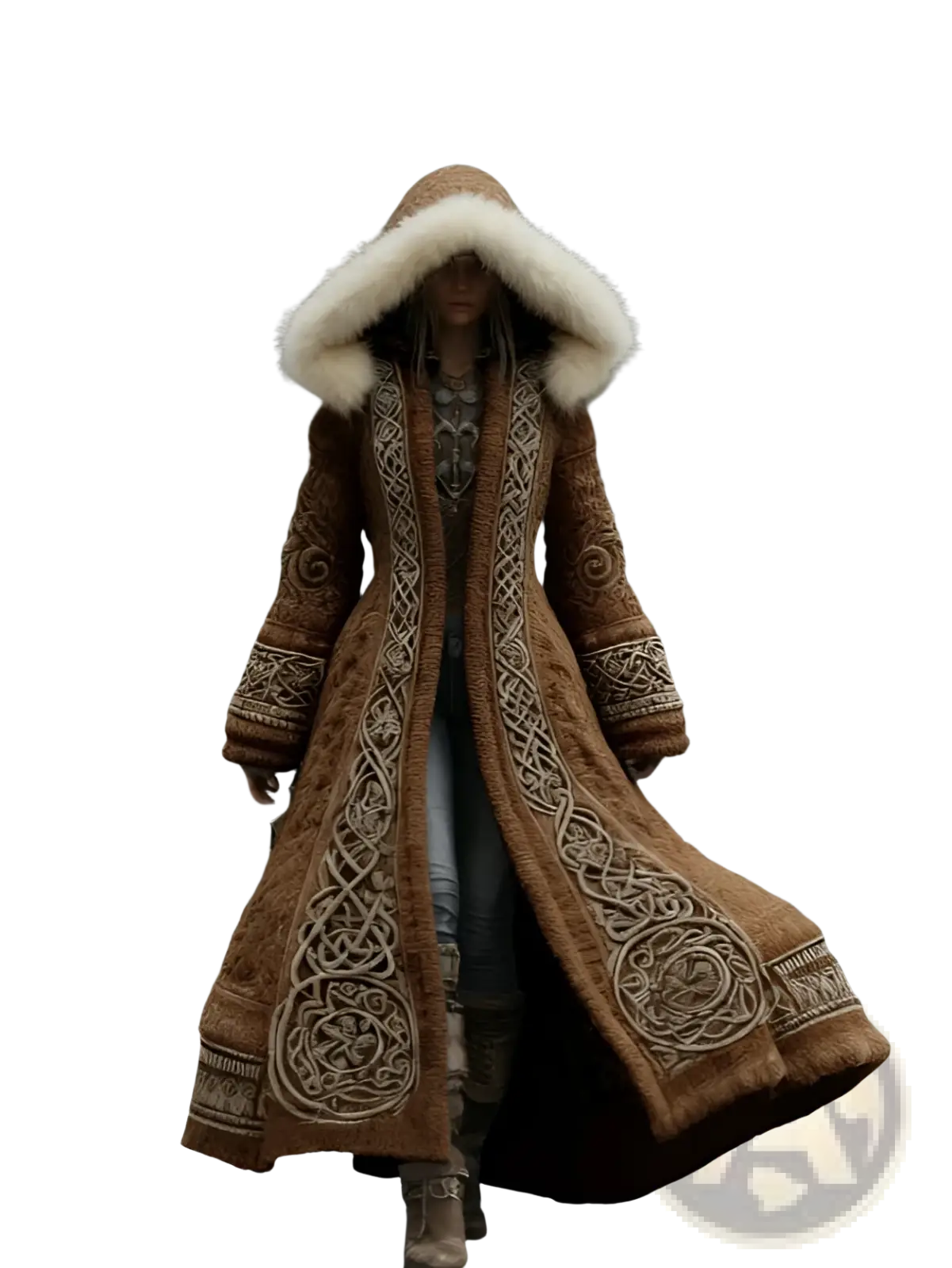 Brown long woolen 3d printed hooded coat with cream embroidery and plush white fur-lined hood for winter outerwear