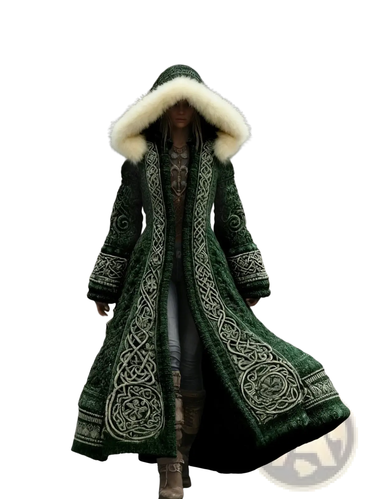 A deep emerald green 3d printed longline coat with silver celtic knot embroidery and white fur-lined hood for winter
