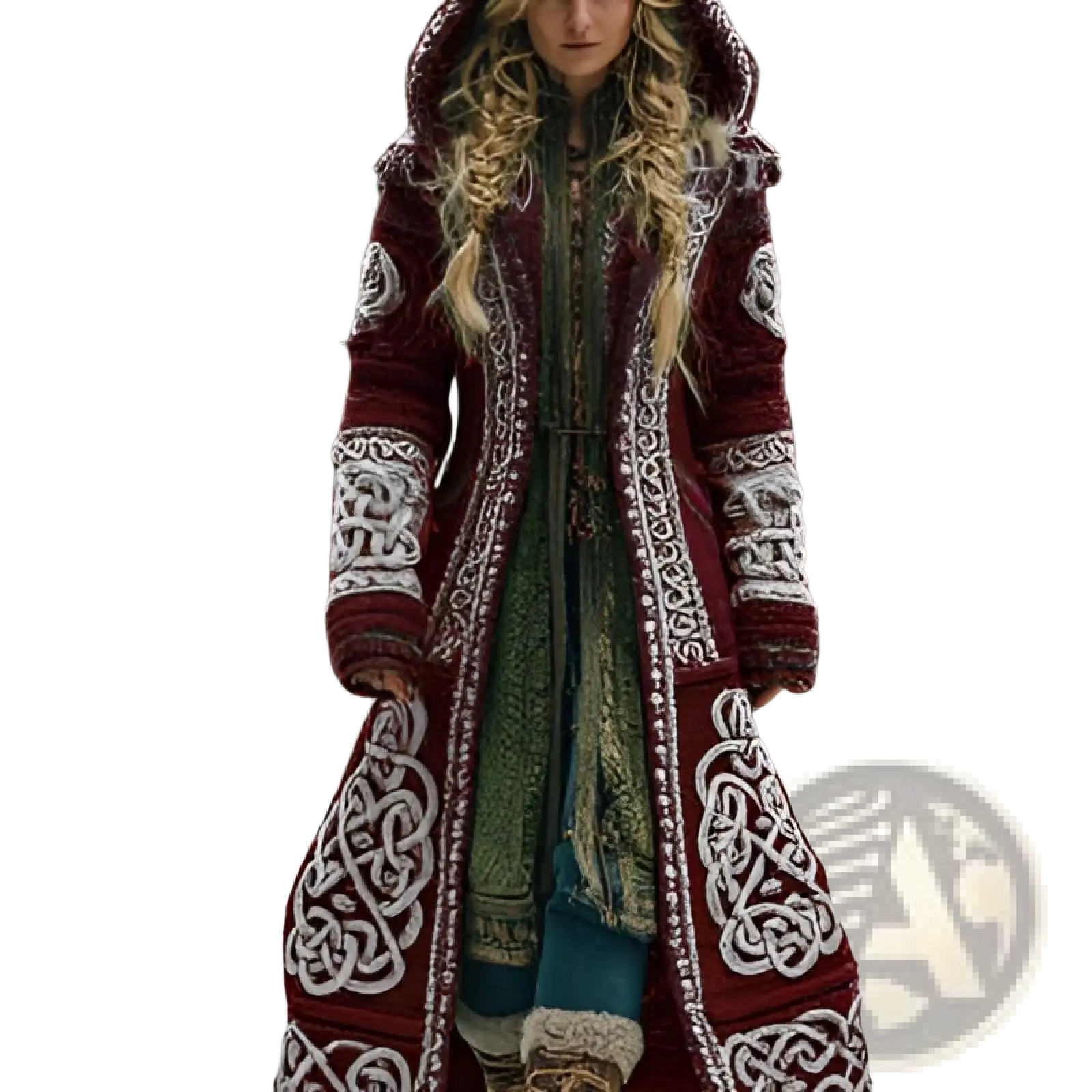 A maroon 3d printed hooded coat with white celtic knot embroidery and woolen fleece lining for winter outerwear