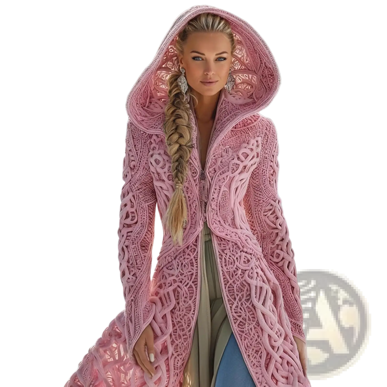A pink intricately knitted hooded coat with lace-like pattern designed as 3d printed long loose winter outerwear