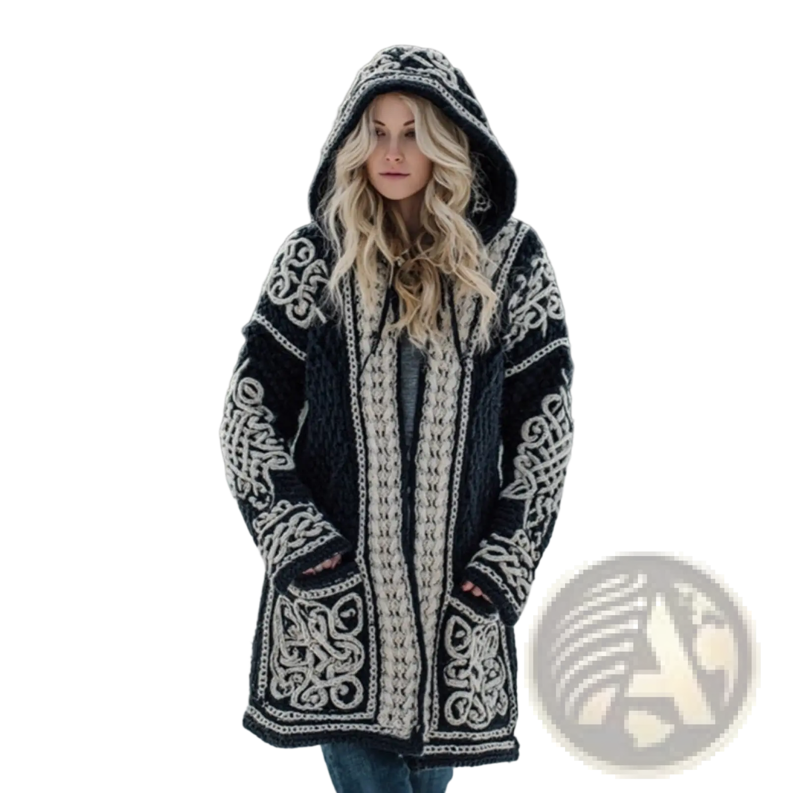 Black and cream knitted hooded coat with intricate celtic knot patterns for winter outerwear use