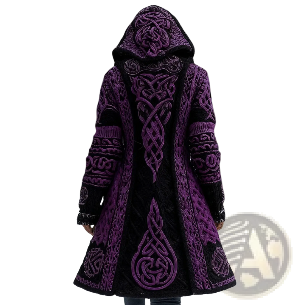 A long loose winter outerwear 3d printed hooded coat in deep purple and black with intricate celtic knotwork embroidery