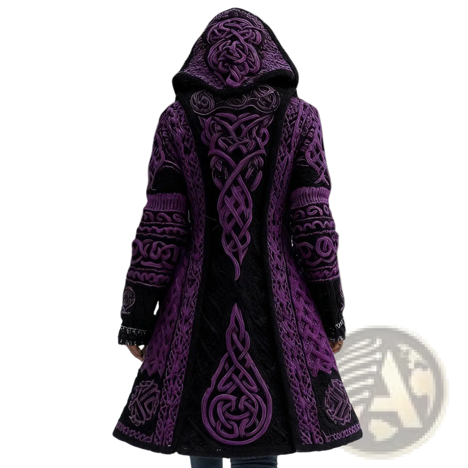 A long loose winter outerwear 3d printed hooded coat in deep purple and black with intricate celtic knotwork embroidery