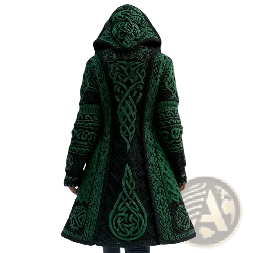 Long loose winter outerwear 3d printed hooded coat in dark green and black knitted fabric with intricate celtic knotwork patterns