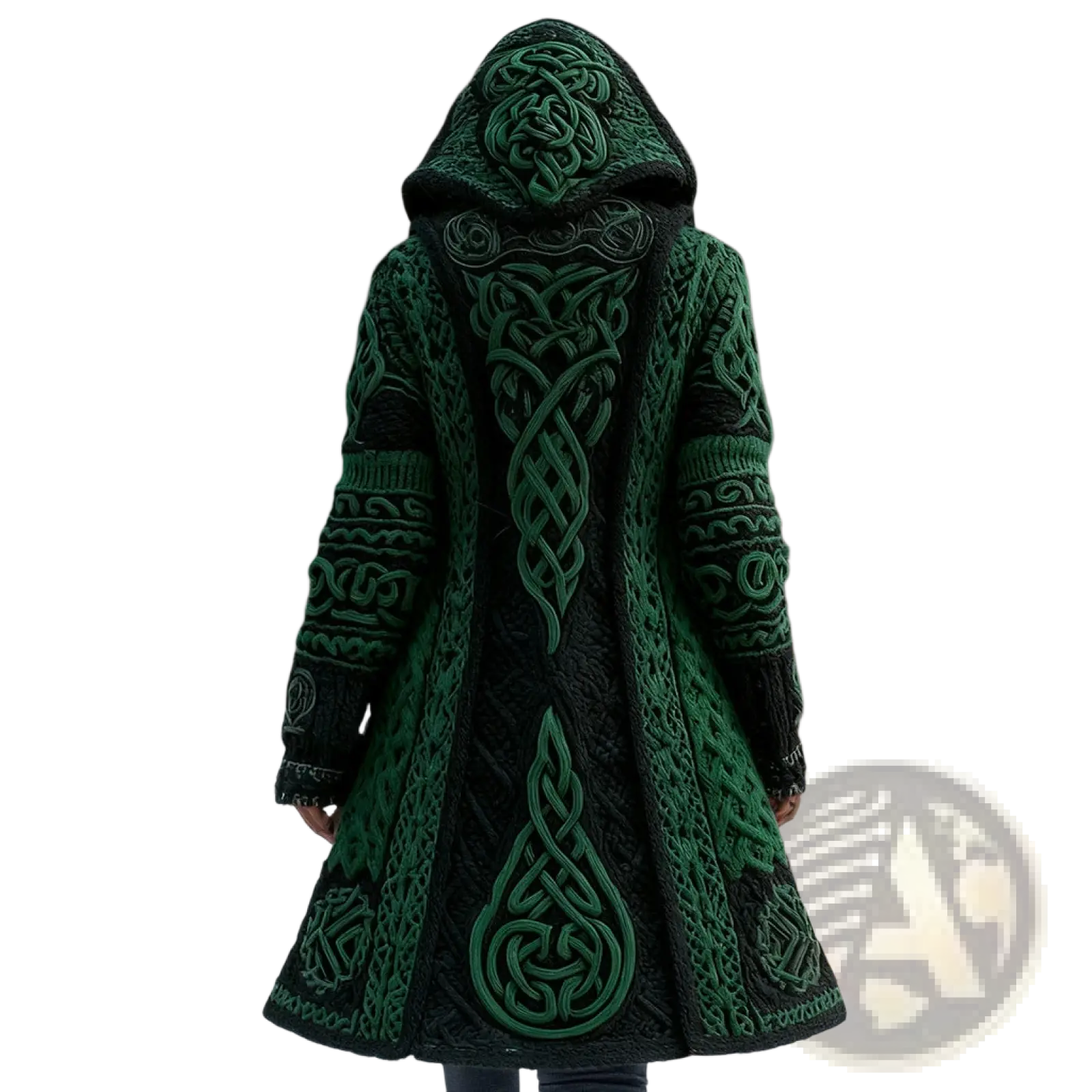 Long loose winter outerwear 3d printed hooded coat in dark green and black knitted fabric with intricate celtic knotwork patterns