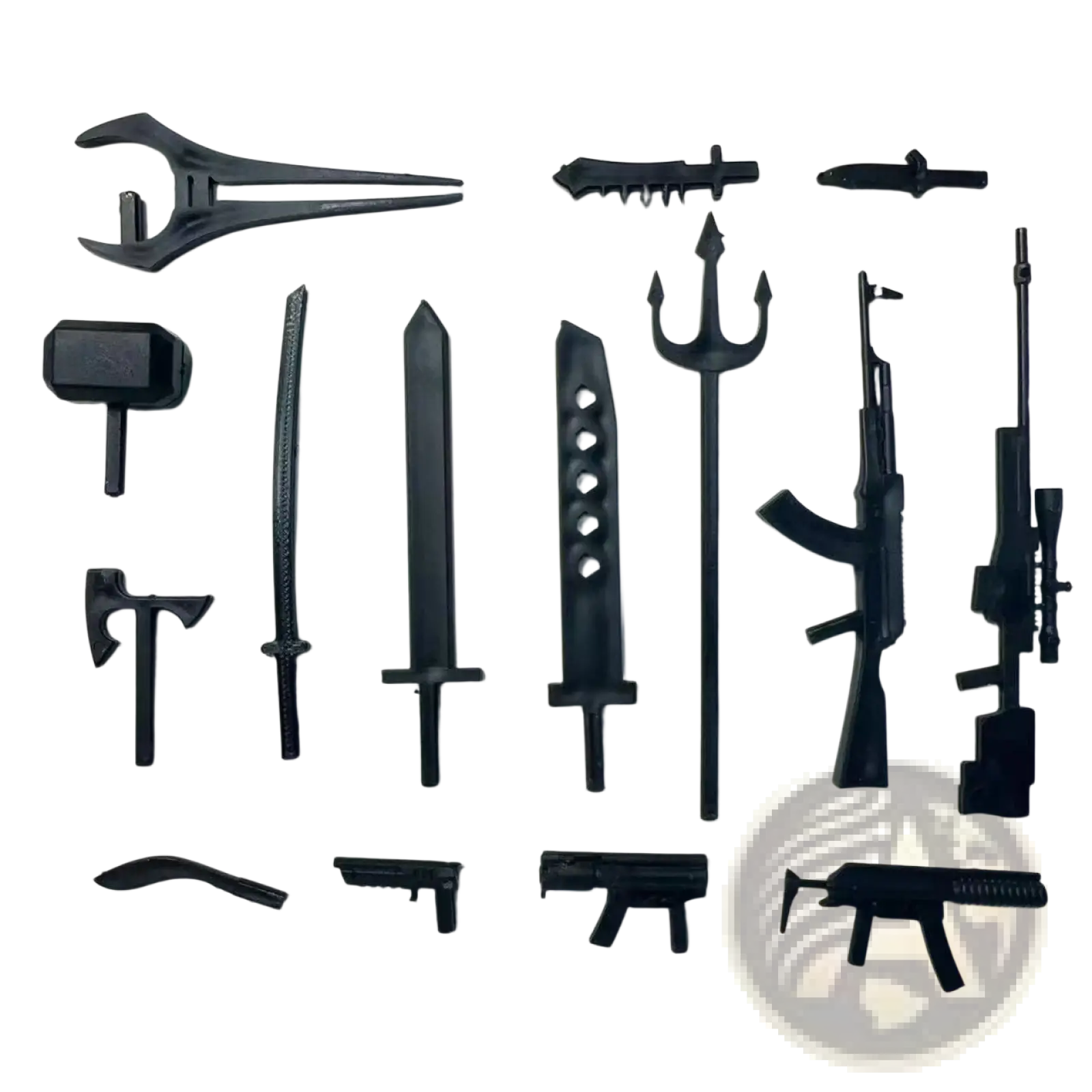 Black plastic 3d printed multi jointed action figure dummy toy 13 accessories set with swords guns axes and mythical weapons