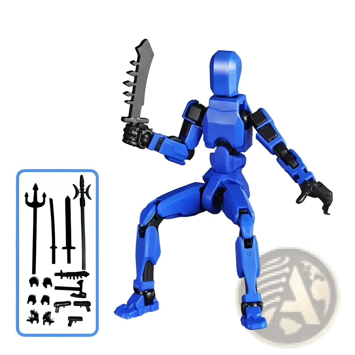 Blue 3d printed multi jointed action figure dummy toy 13 with black joints and gray sword posed dynamically