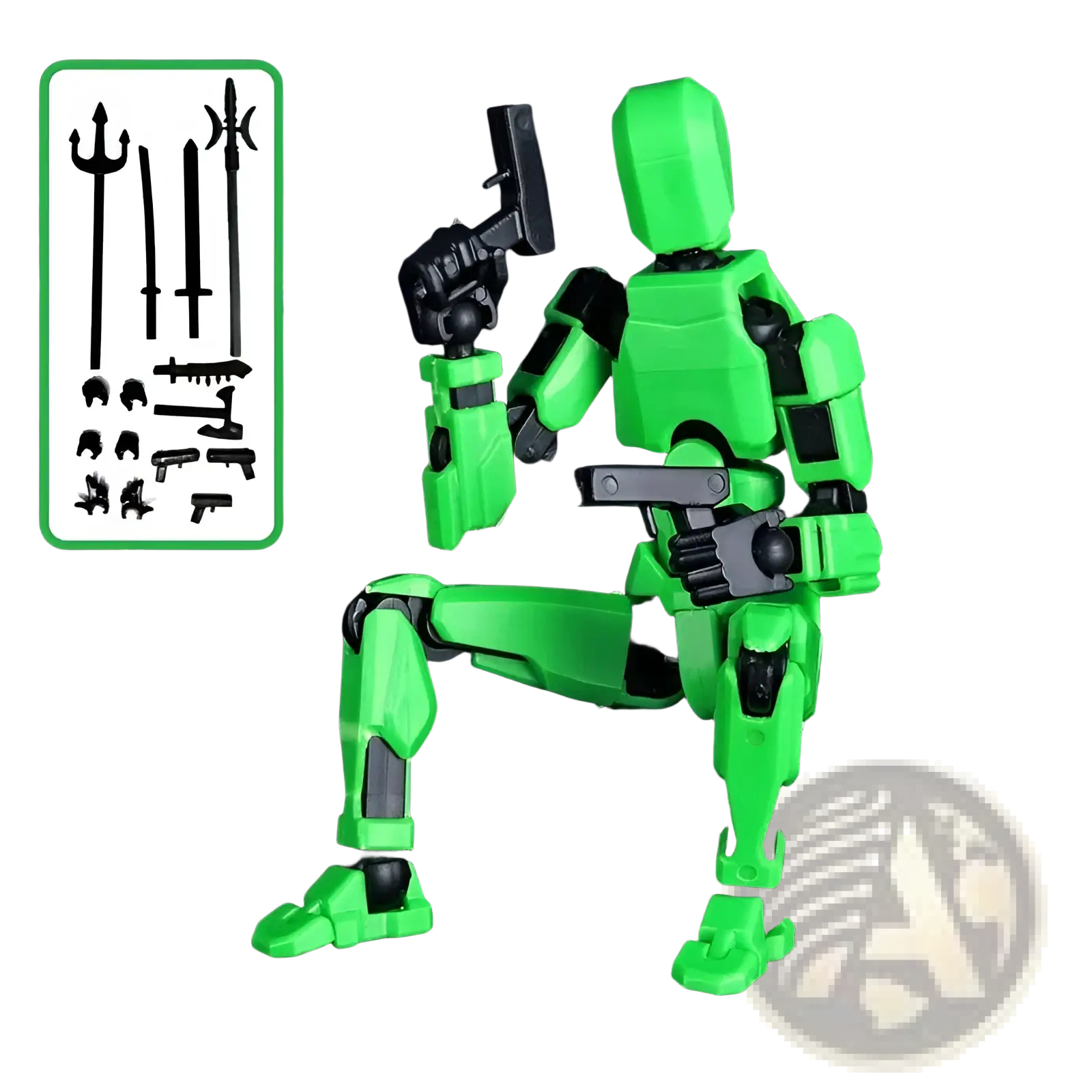 Bright green 3d printed multi jointed action figure dummy toy with black joints posed in a dynamic stance