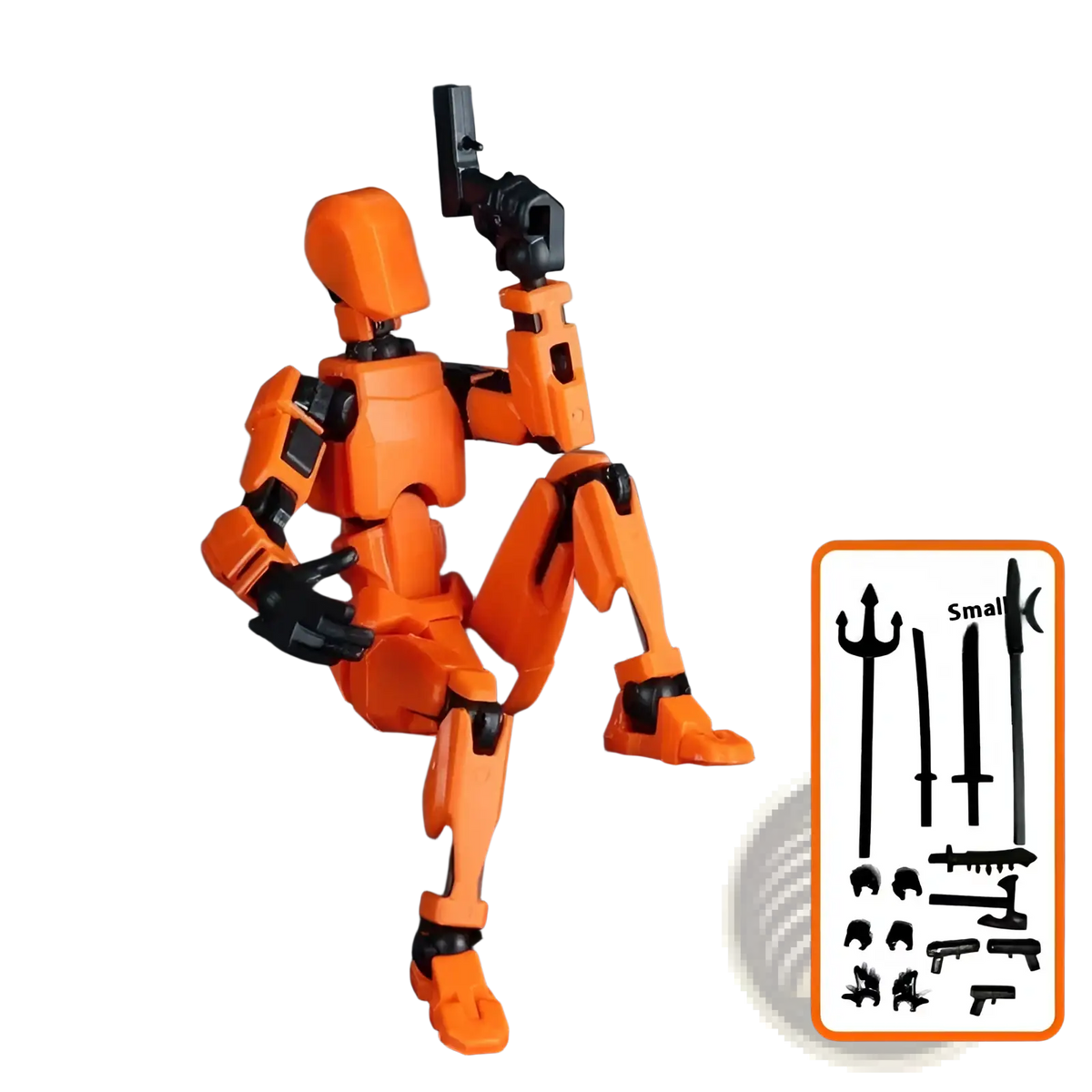 Orange 3d printed multi jointed articulated action figure dummy toy with black joints and accessories