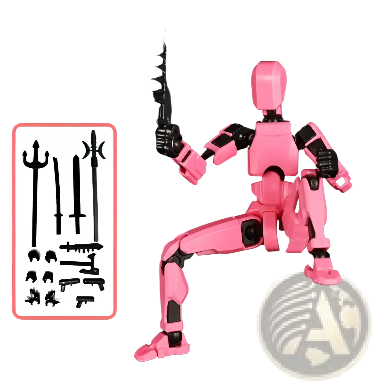 Pink 3d printed multi jointed action figure dummy toy with black joints posed dynamically on dark surface