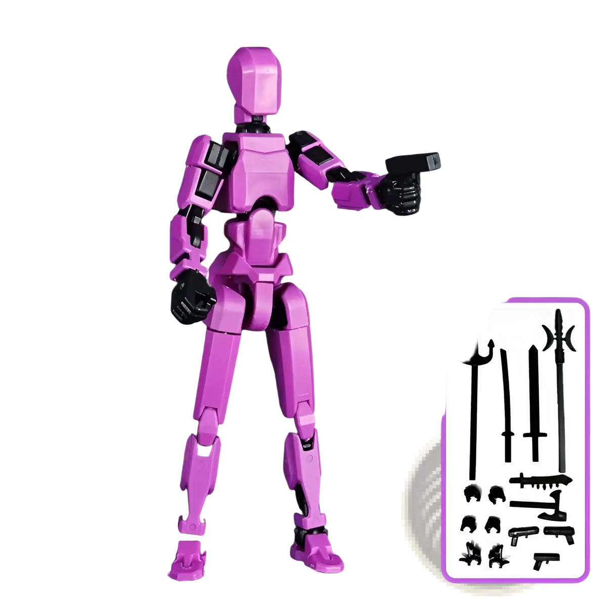 A vibrant pink 3d printed multi jointed action figure dummy toy with black joints and modular design