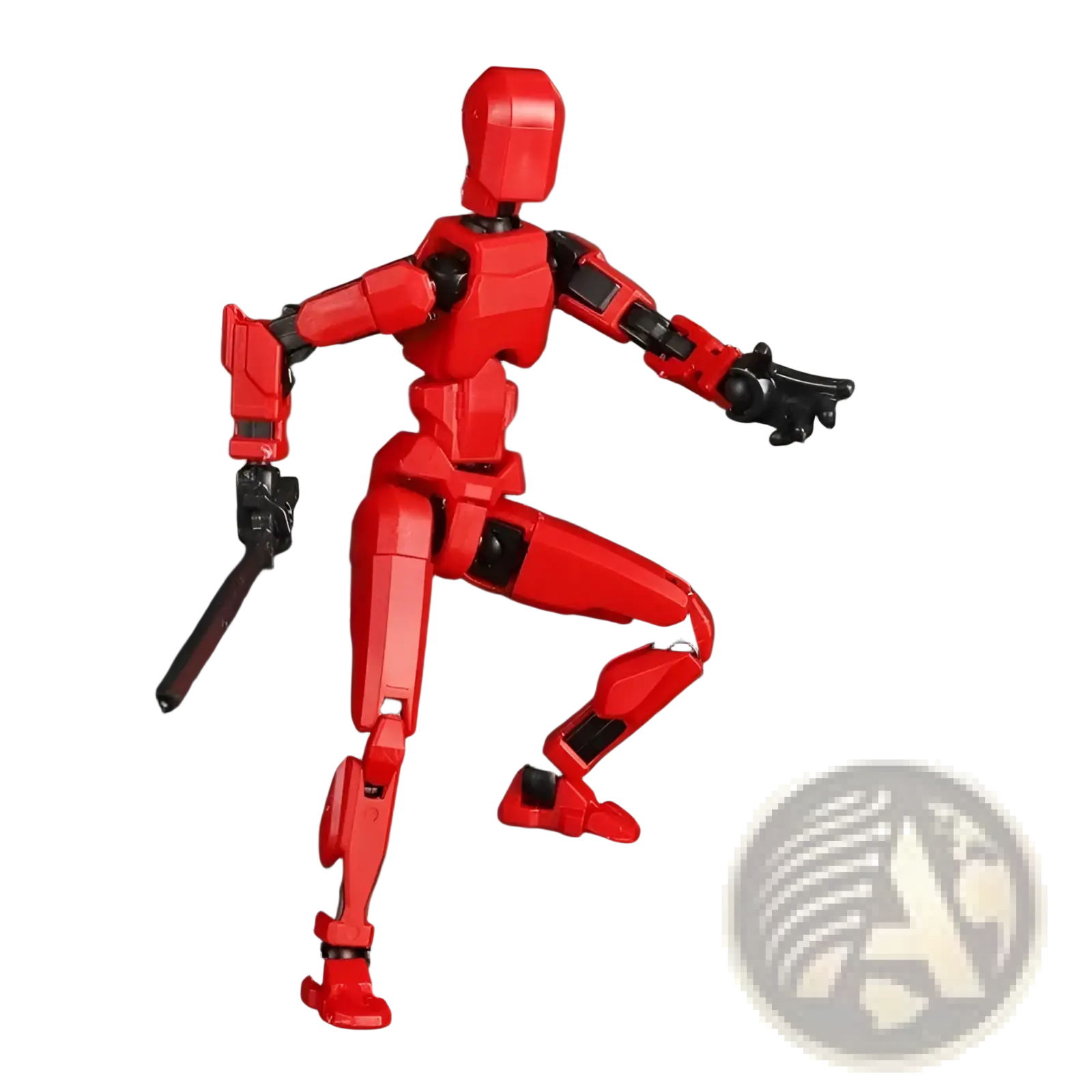 Red 3d printed multi jointed action figure dummy toy with black joints and accessories for posing and display