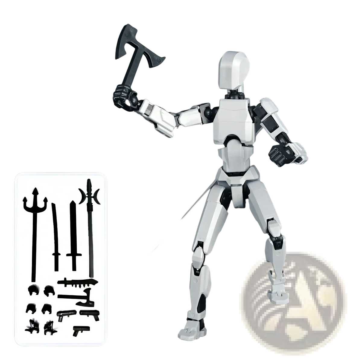 White and black 3d printed multi jointed action figure dummy toy with sleek angular design and articulated joints