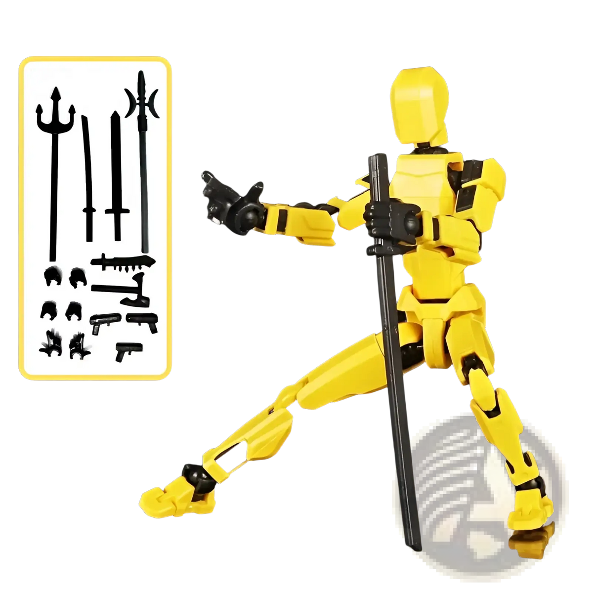 Yellow 3d printed multi jointed articulated action figure dummy toy with black joints and accessories