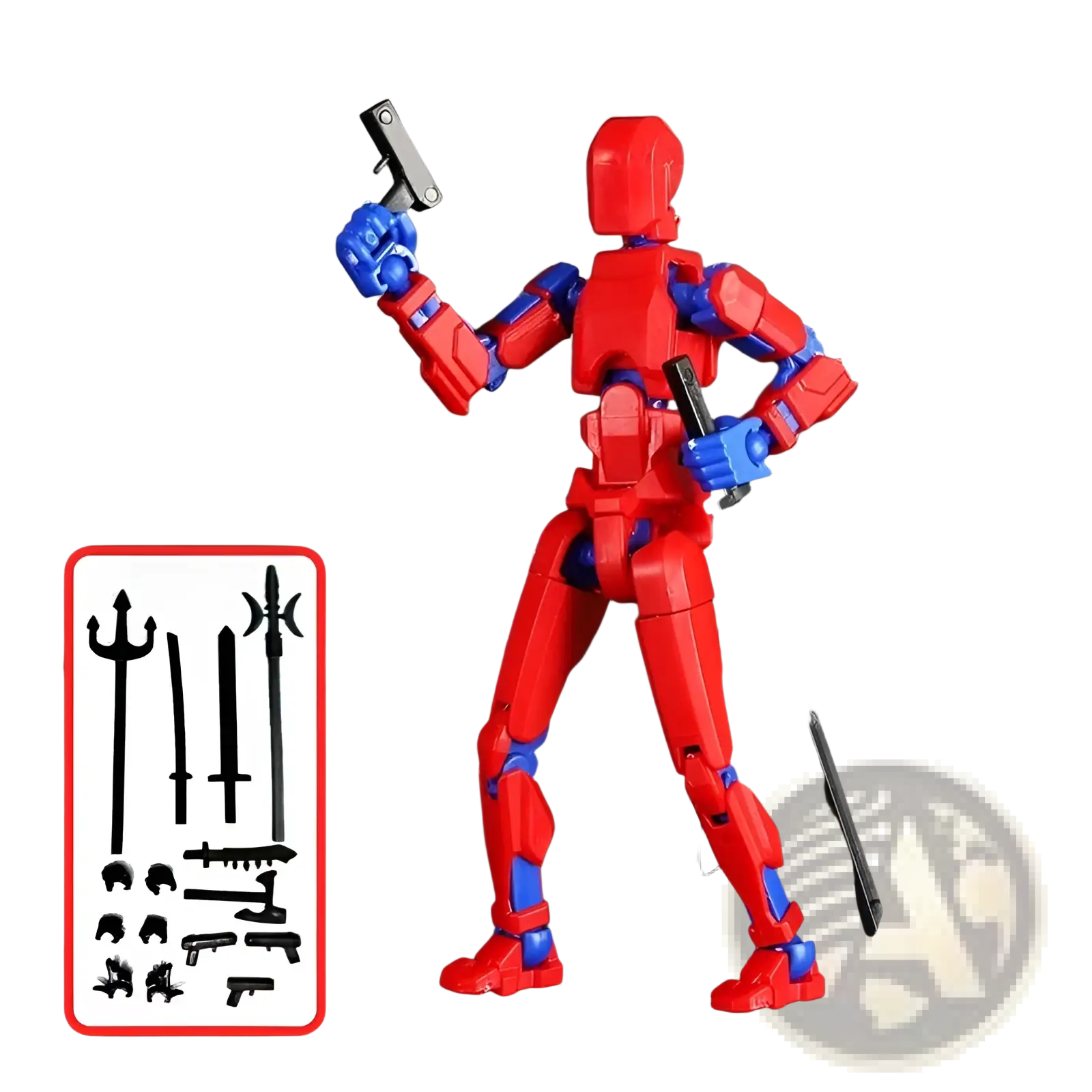 Red and blue 3d printed multi jointed action figure dummy toy 13 holding a black pistol and sword in each hand