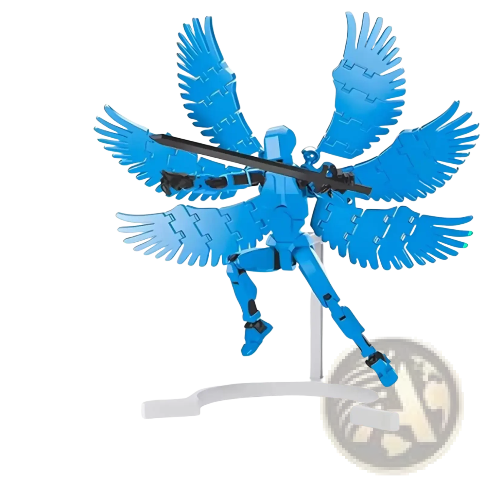 Blue plastic 3d printed multi jointed robot figure with six articulated wings and black sword from robot 13 supreme edition
