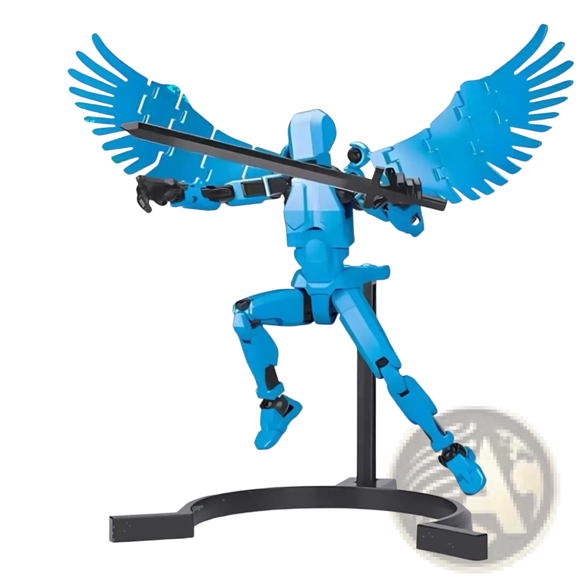 Blue plastic 3d printed multi jointed action figure model robot 13 with upgraded dual wings and black sword visible from back