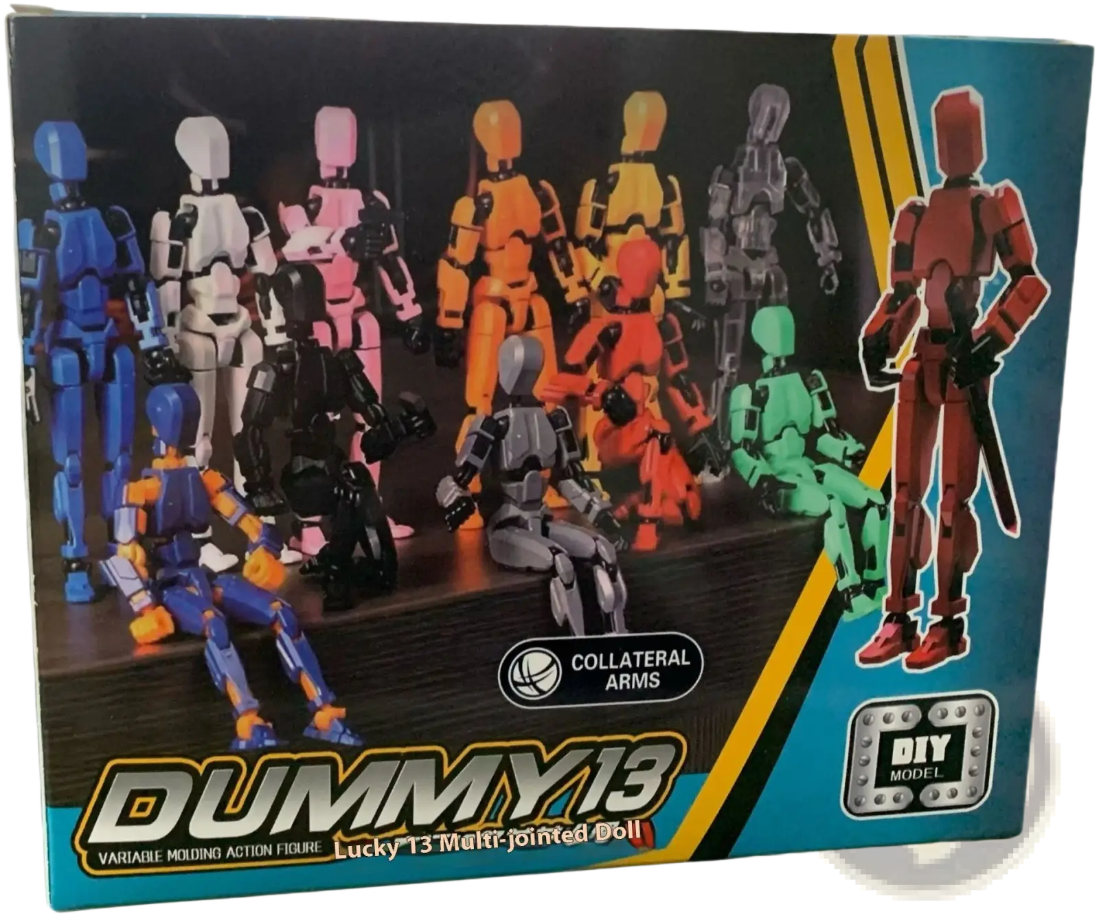 A colorful set of diy lucky 13 multi-jointed 3d printed action figure dummy toys with articulated limbs in vibrant plastic colors