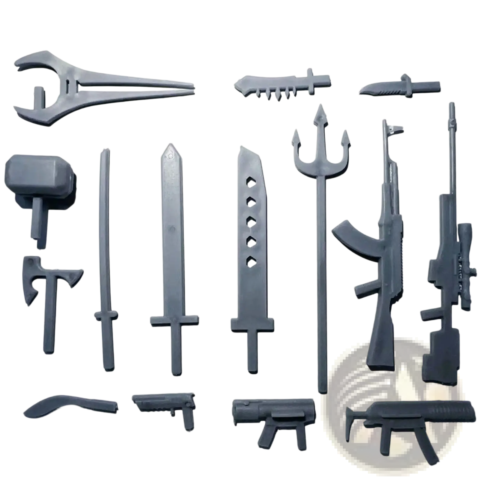 Gray plastic toy weapons collection for 3d printed multi jointed action figure dummy toy 13 displayed in product image