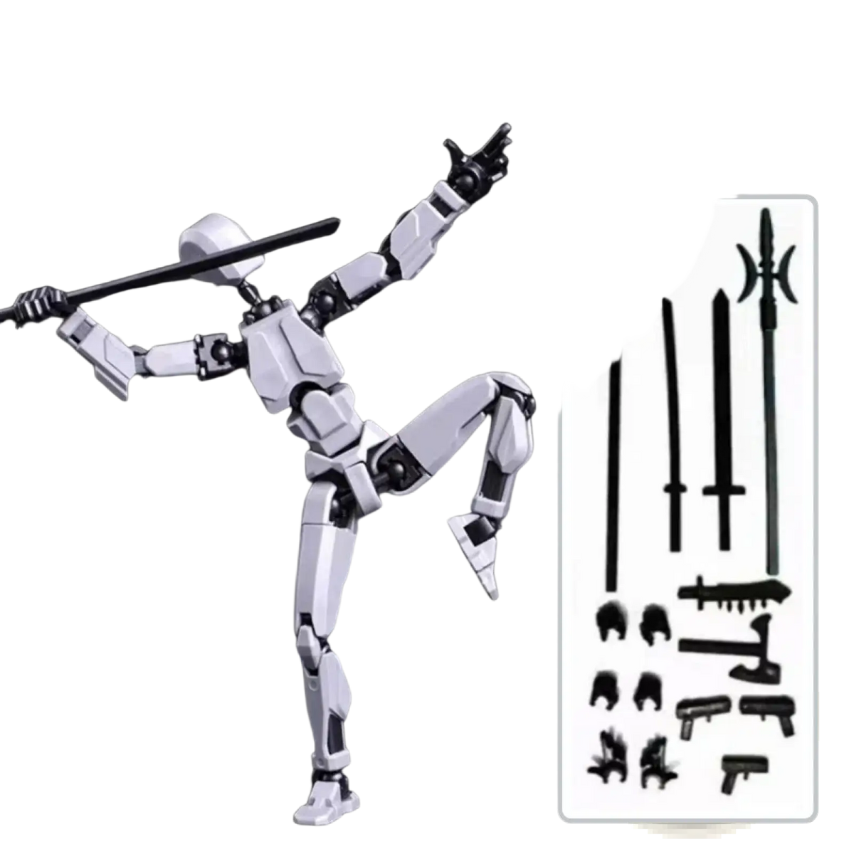White 3d printed multi jointed action figure with articulated limbs and helmet posed holding a black sword