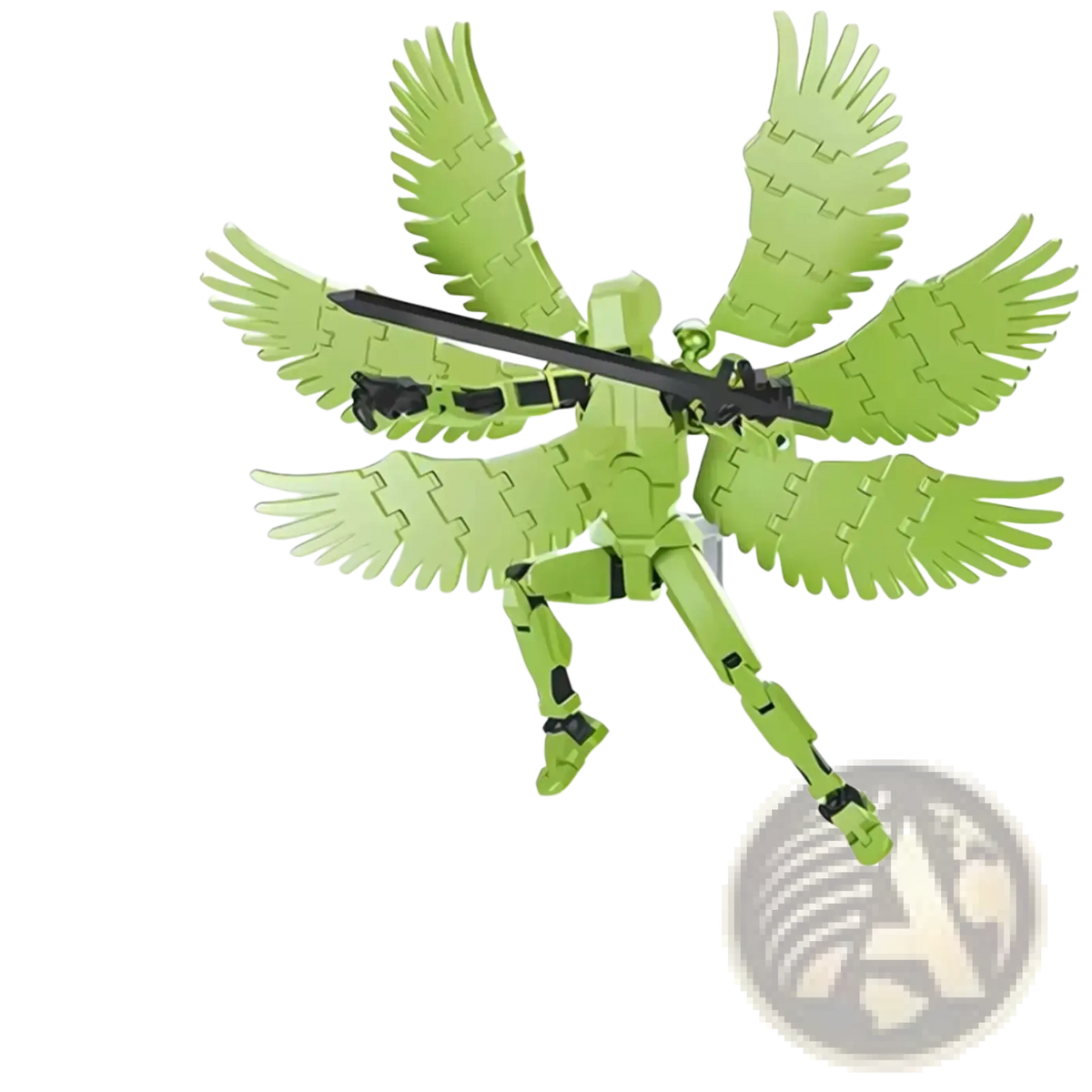 Green 3d printed plastic robot action figure with six articulated wings and black sword from supreme six wings edition by robot 13