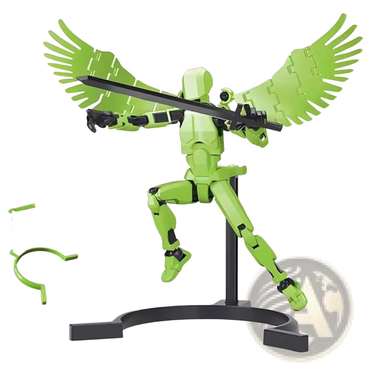 Green 3d printed multi jointed action figure dummy toy with upgraded dual wings and black sword in plastic material