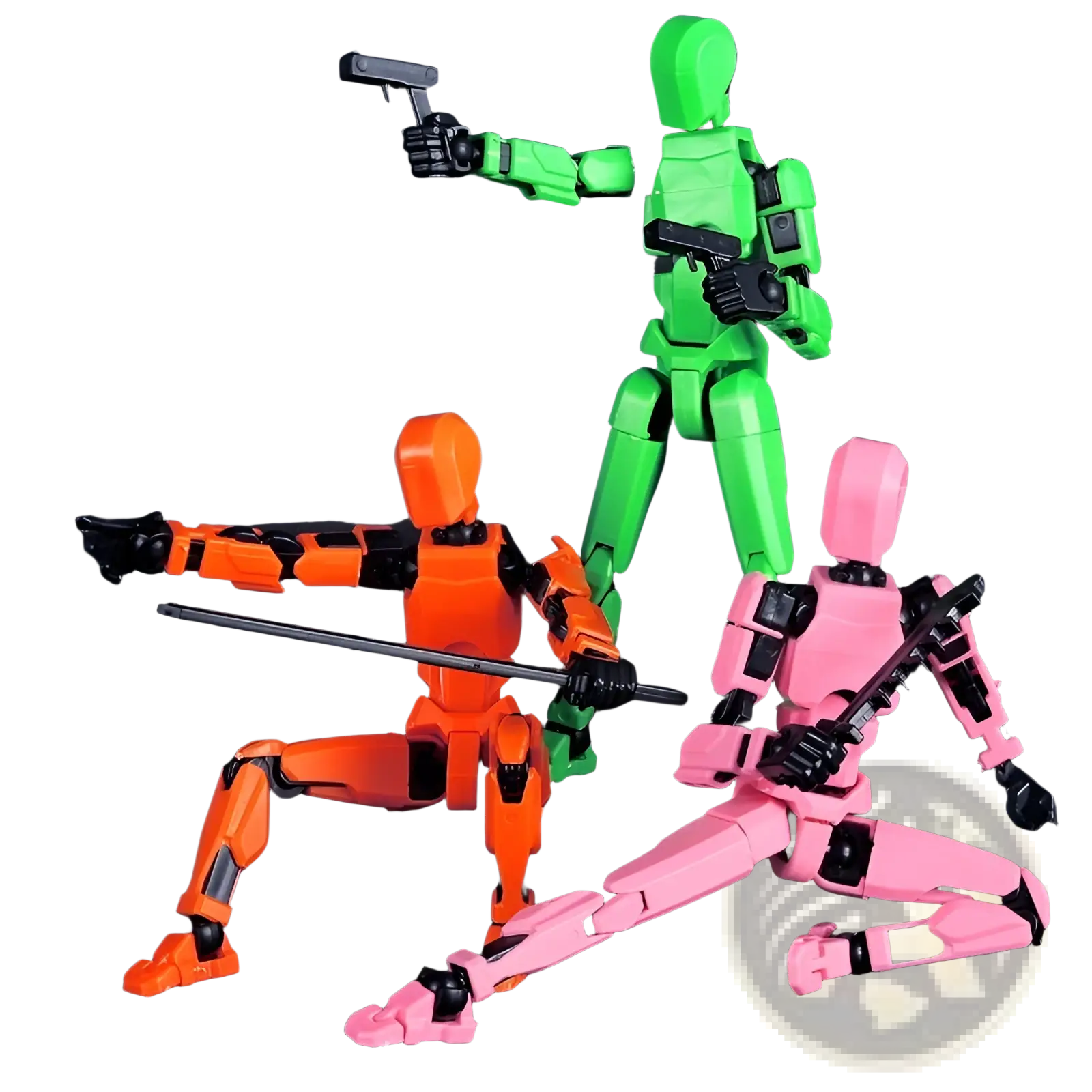 3d printed multi jointed action figure dummy toy 13 in green orange and pink with black articulated joints and accessories