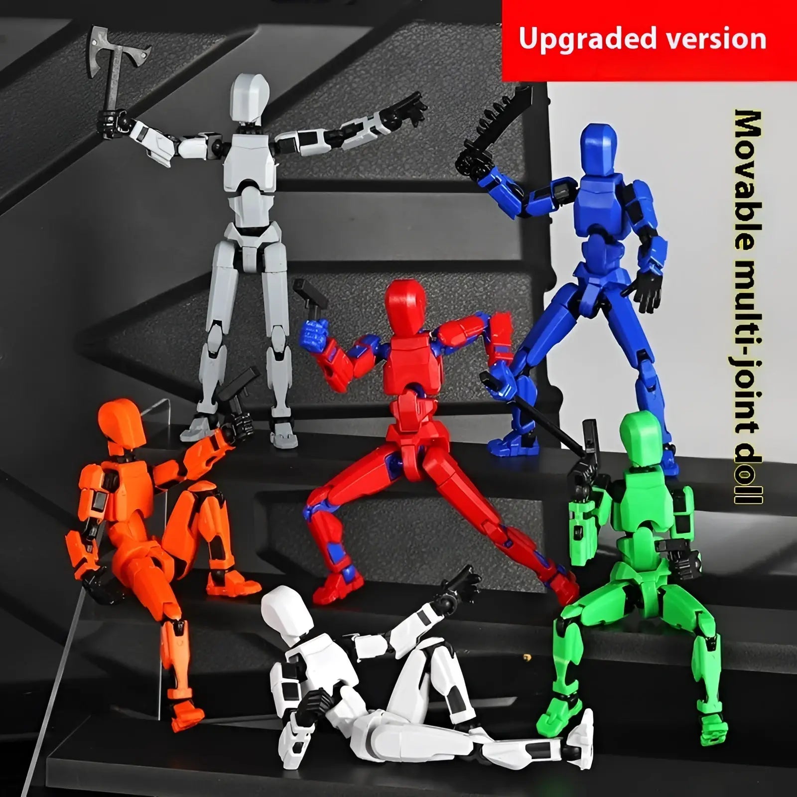 Set of six colorful 3d printed multi jointed action figure dummy toys in white blue red orange and green with black joints