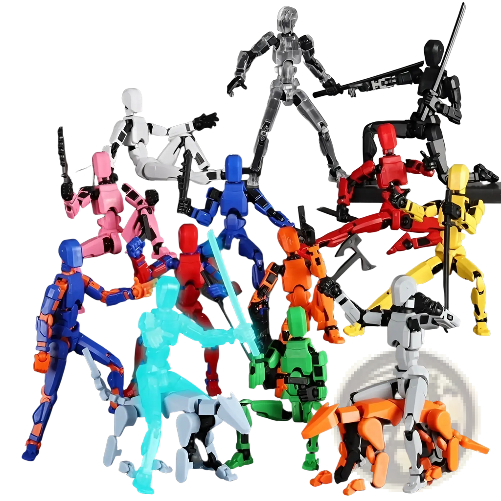 A collection of colorful 3d printed multi jointed action figure dummy toys in various poses and designs