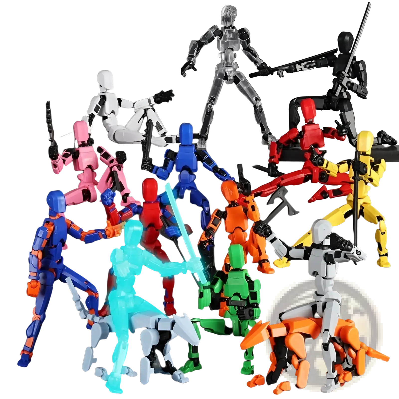 A collection of colorful 3d printed multi jointed action figure dummy toys in various poses and designs