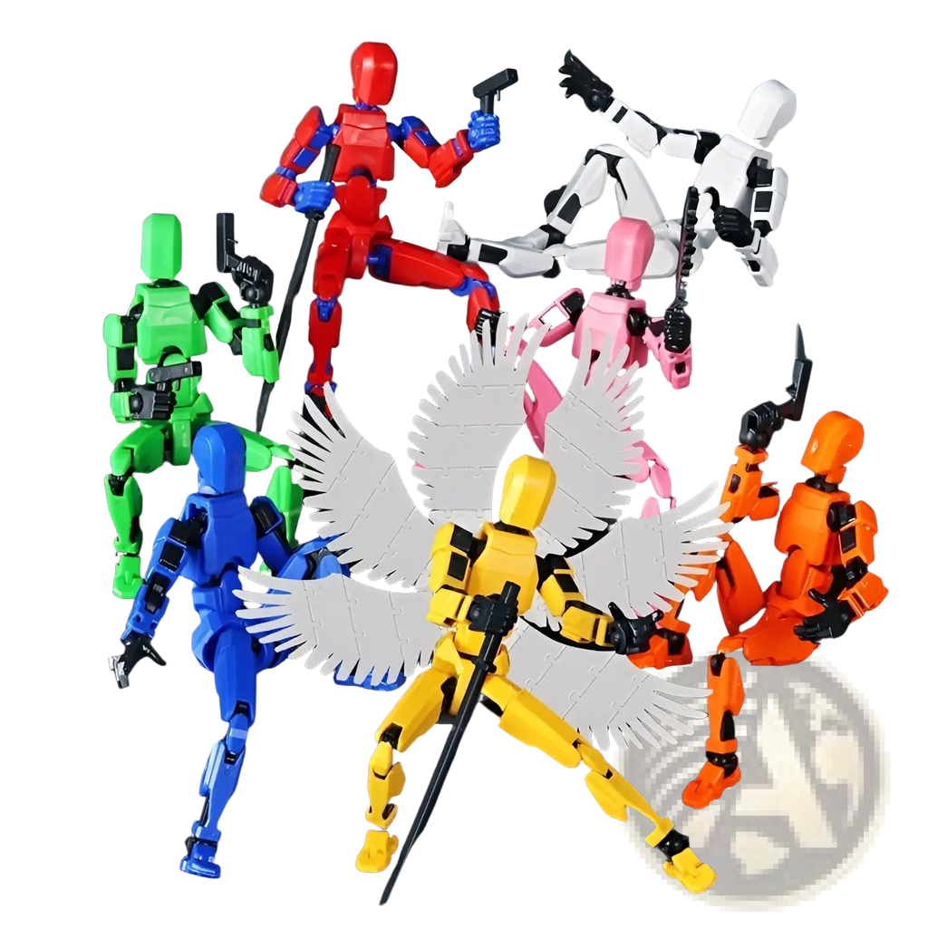 A vibrant yellow 3d printed multi jointed action figure with white feathered wings and black sword from seraph edition