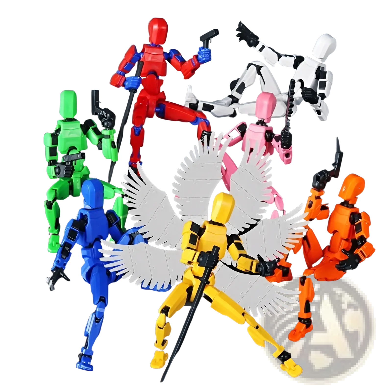 A vibrant yellow 3d printed multi jointed action figure with white feathered wings and black sword from seraph edition