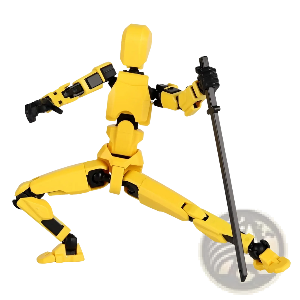 Yellow 3d printed multi jointed action figure dummy toy with black joints holding a long black staff