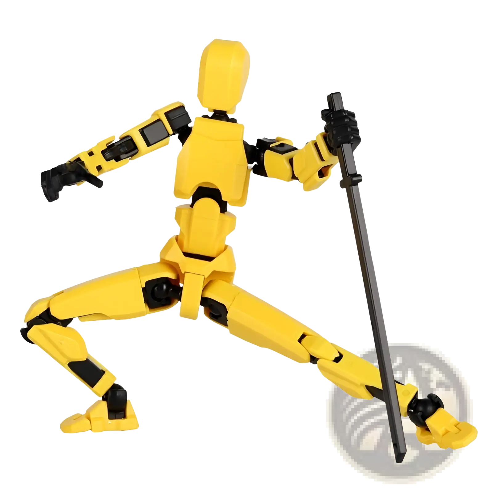 Yellow 3d printed multi jointed action figure dummy toy with black joints holding a long black staff