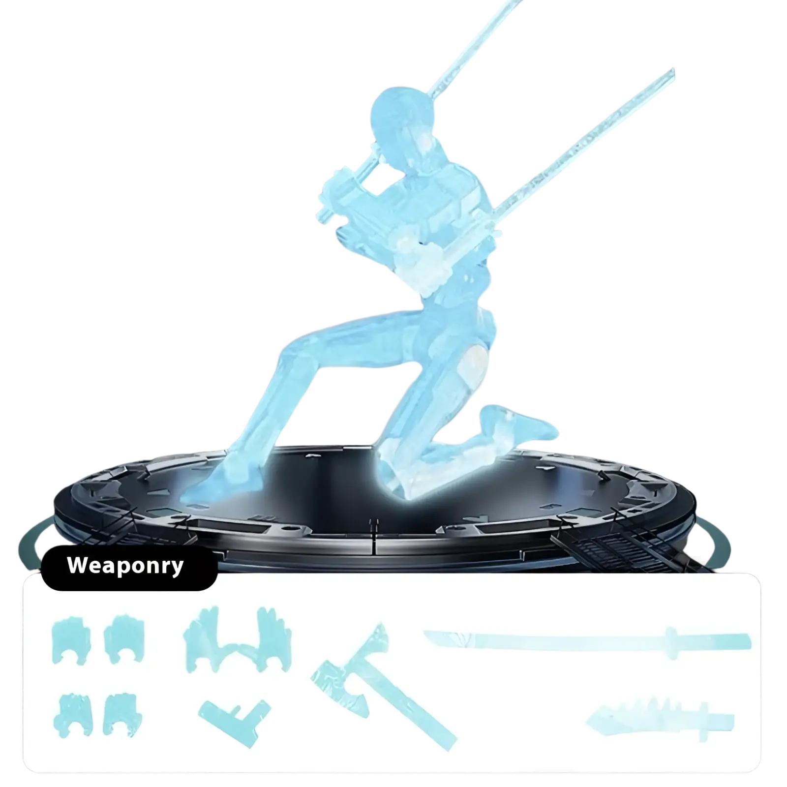 A translucent blue 3d printed multi jointed action figure dummy toy 13 warrior with two glowing swords on a platform