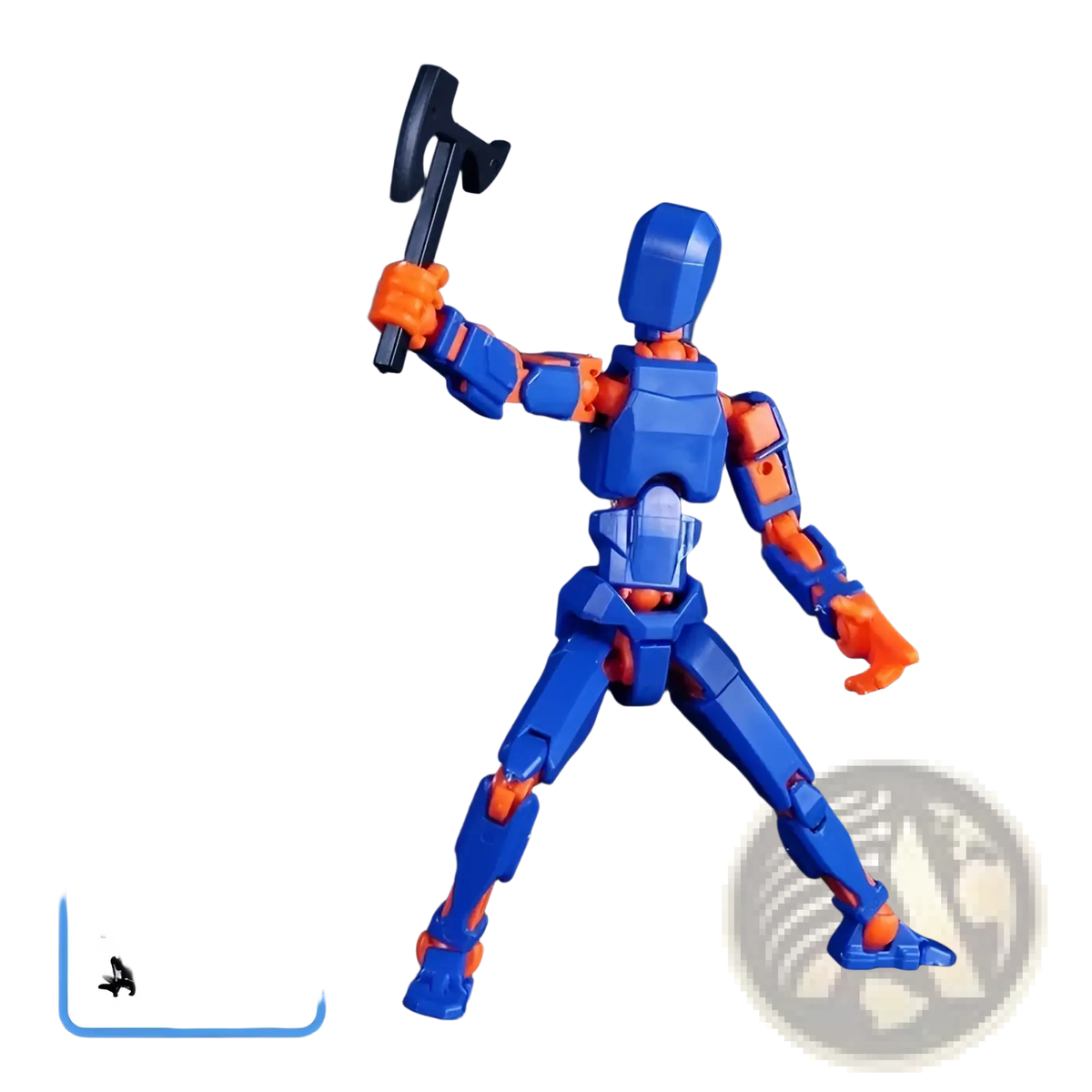 Blue and orange 3d printed multi jointed action figure with modular plastic joints and black axe accessory