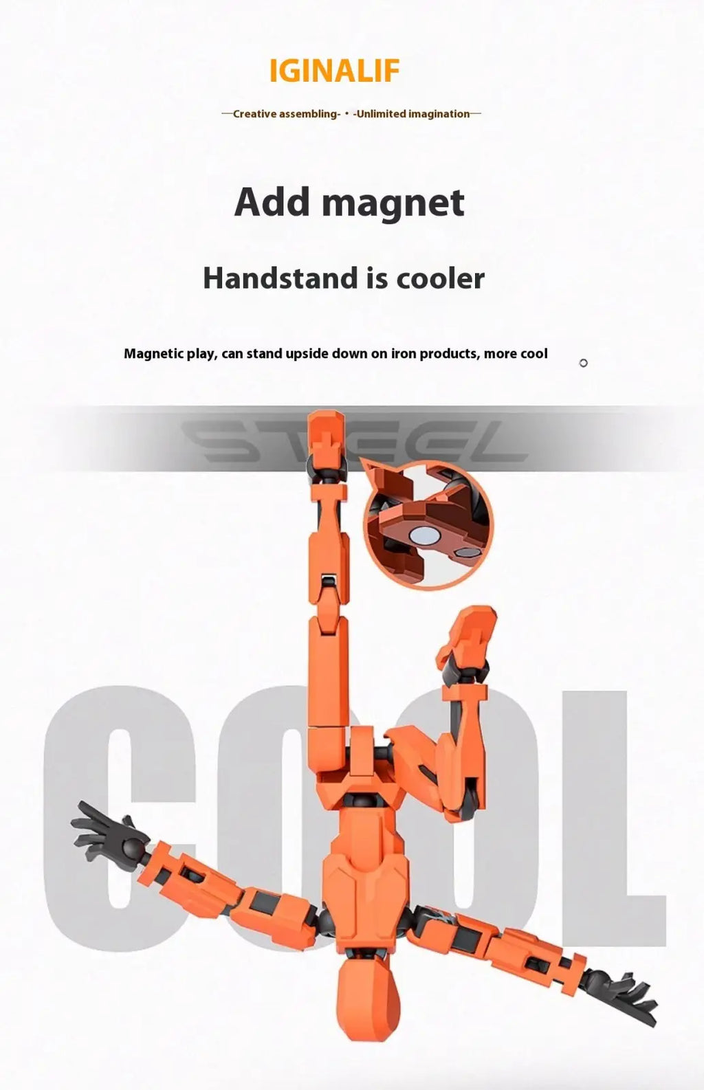 Orange 3d printed multi jointed action figure dummy toy with magnetic black joints and articulated limbs