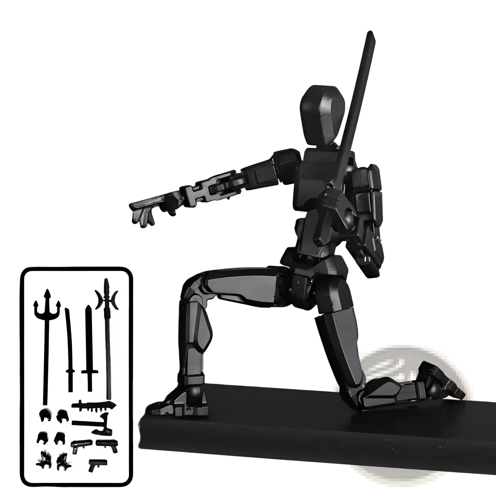 Black 3d printed multi jointed action figure dummy toy 13 posed with sword in dynamic combat stance