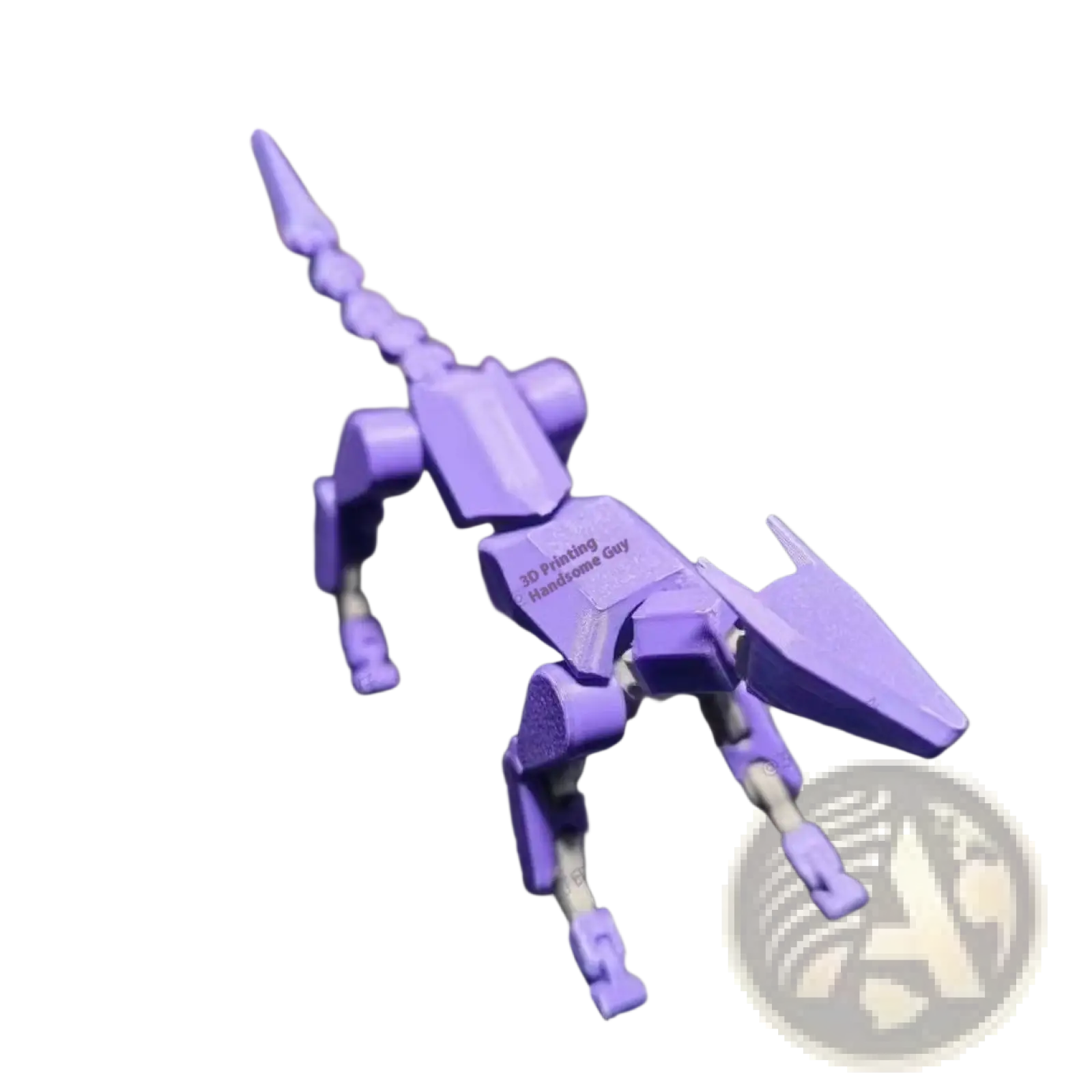 Purple 3d printed multi jointed robotic dinosaur action figure with articulated limbs and segmented tail