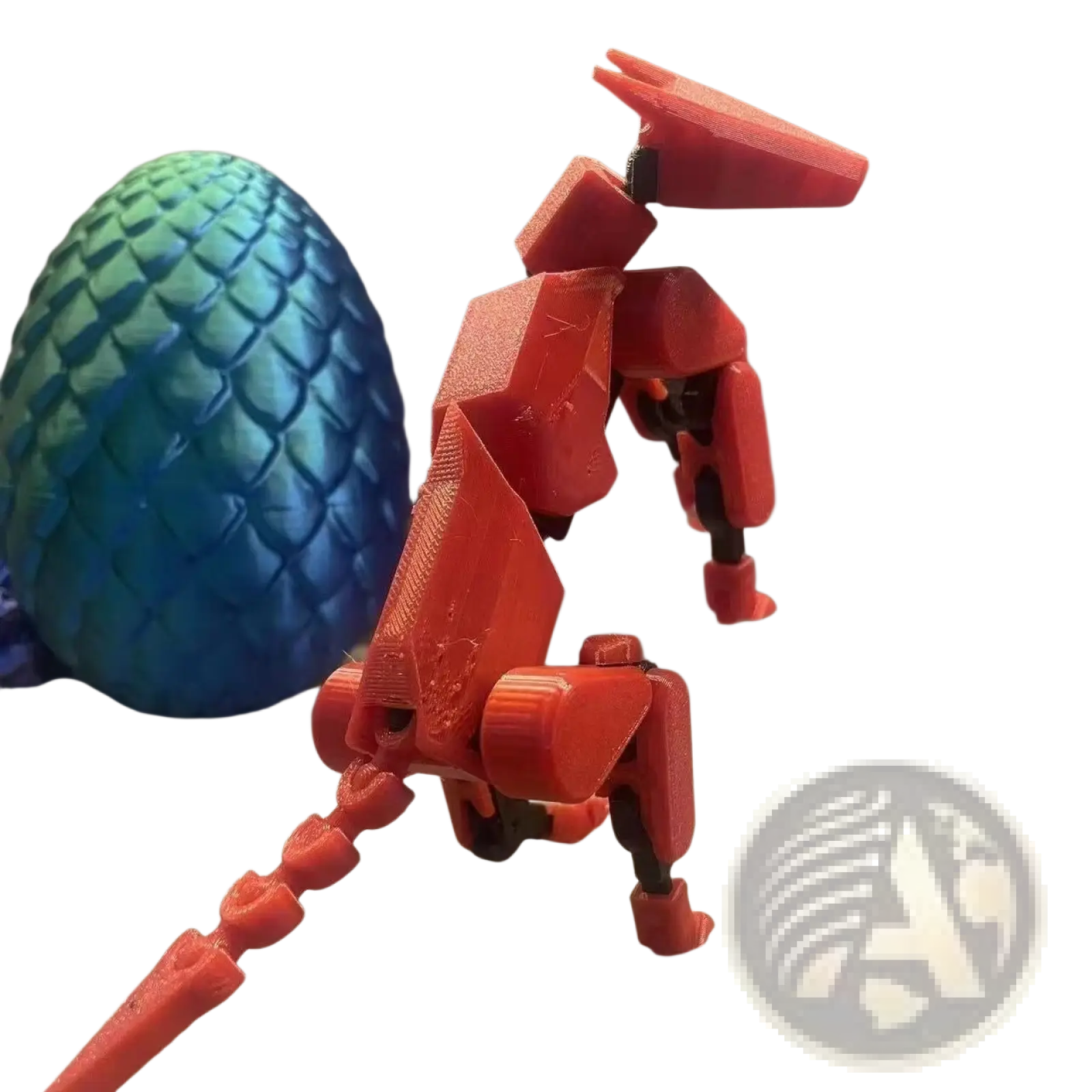 Red 3d-printed multi jointed robotic dog action figure with articulated joints and sleek angular design