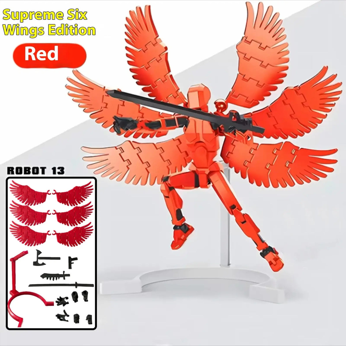 Red plastic 3d printed multi jointed action figure with six articulated wings and black sword from robot 13 supreme six wings edition