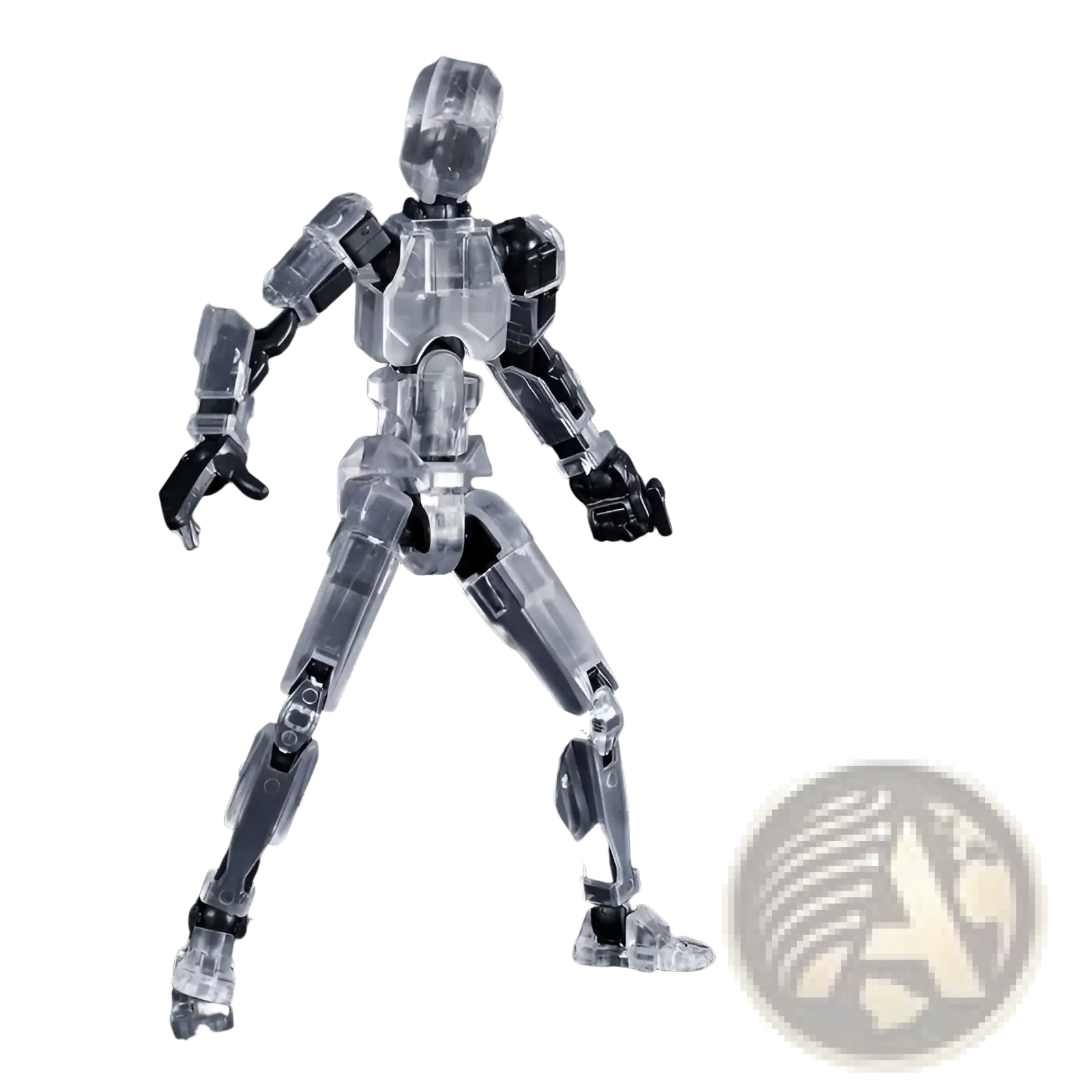 Transparent plastic 3d printed multi jointed action figure dummy toy 13 with black joints and accessories